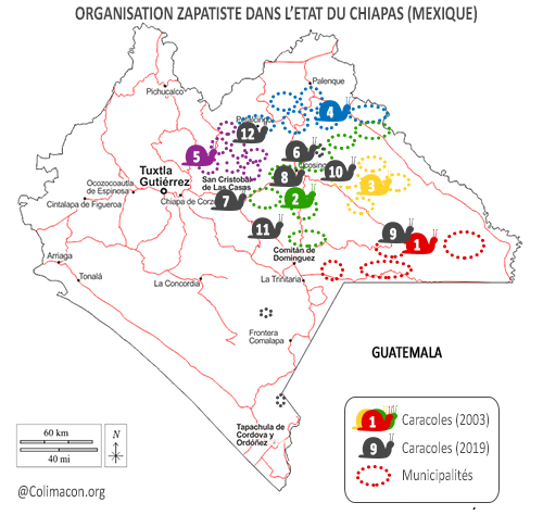 Carte de l'organisation zapatiste dans l'Etat du Chiapas comprenant les Caracoles (régions) et municipalités créées en 2003 et 2019