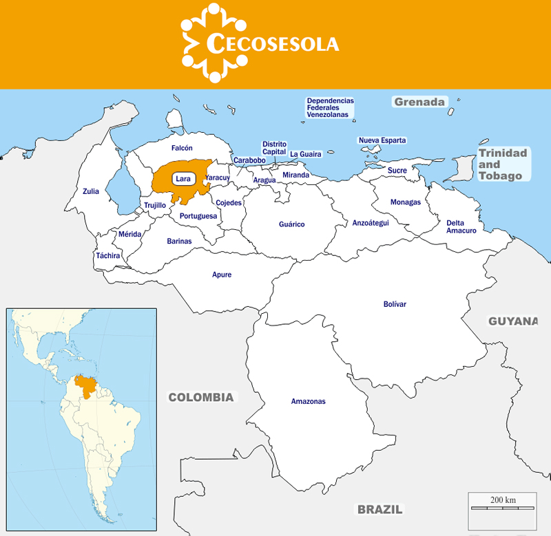 Carte du Venezuela indiquant la présence de la coopérative Cecosesola dans l'Etat du Lara principalement.